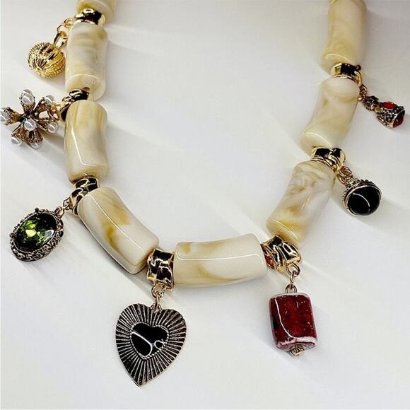 NEW Gold & Cream Beaded Statement Necklace - Picture 4 of 8